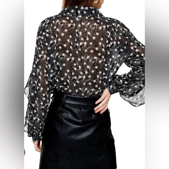 TopShop Star Print Sheer Blouse with Ruffled Sleeves - Picture 3 of 9
